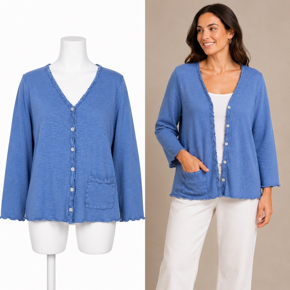 Vintage Cut Loose Cardigan Womens Medium Blue Cotton Linen Button Front Pocket